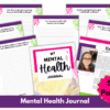 A vibrant preview of the 50-page Mental Health Journal features lined prompts, a welcome page with a woman’s photo, and a cover—all accented in pink and green—designed to inspire self-reflection and promote mental wellness.