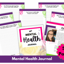 A vibrant preview of the 50-page Mental Health Journal features lined prompts, a welcome page with a woman’s photo, and a cover—all accented in pink and green—designed to inspire self-reflection and promote mental wellness.