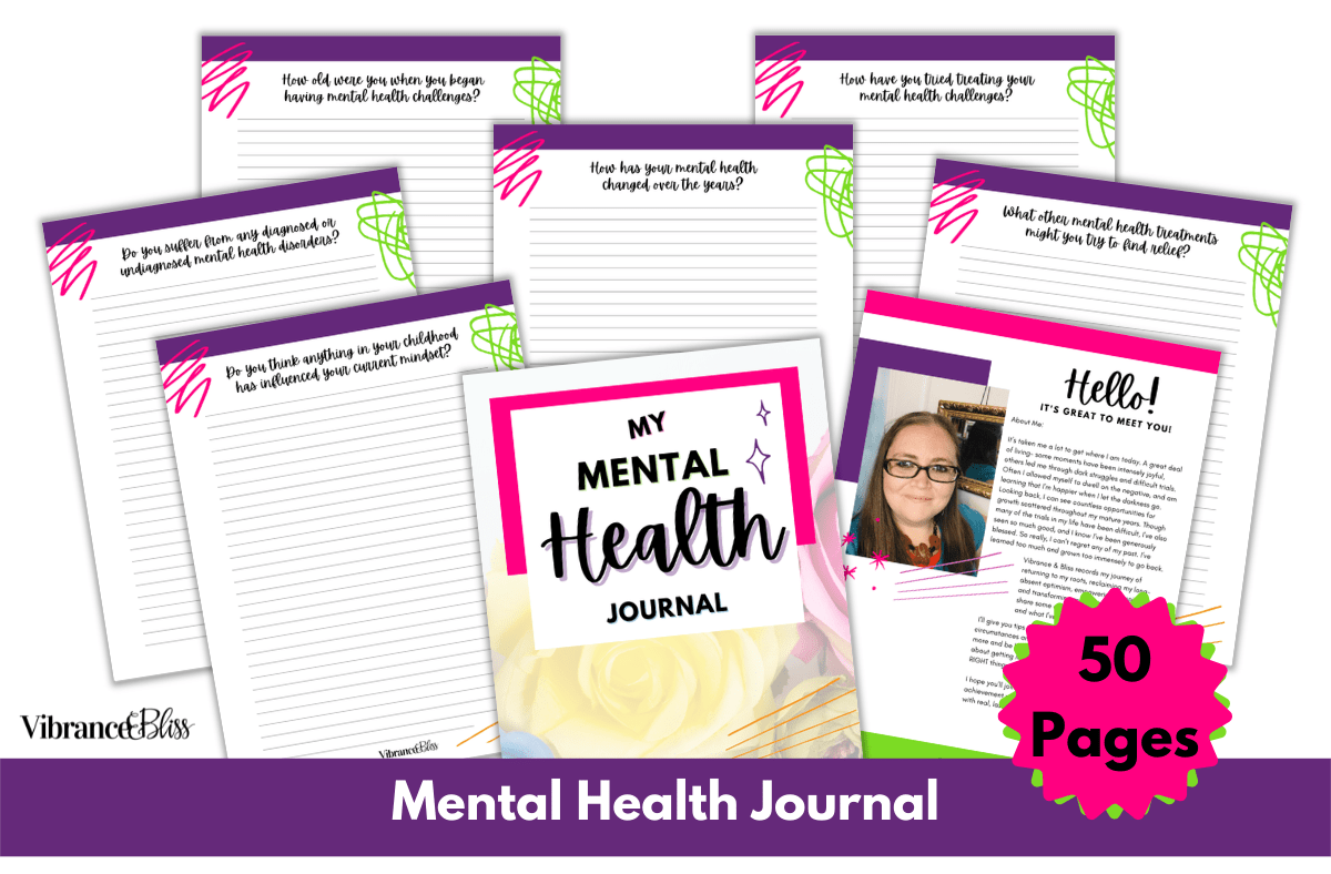 A vibrant preview of the 50-page Mental Health Journal features lined prompts, a welcome page with a woman’s photo, and a cover—all accented in pink and green—designed to inspire self-reflection and promote mental wellness.