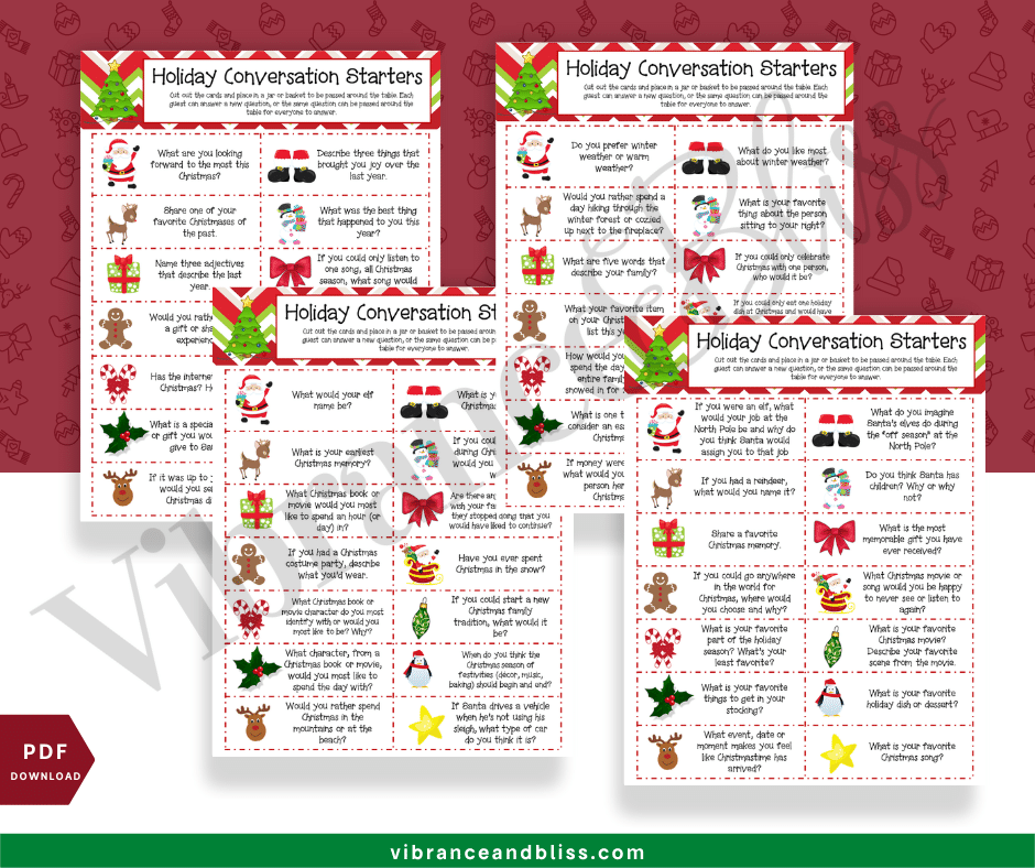 Four printable “Christmas Conversation Starters” sheets feature colorful holiday icons and question lists to inspire festive conversations. The overlapping sheets are set against a red and white background.