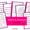 A set of Daily Routines Inspirational Quote Cards is arranged in a fan shape, featuring motivational quotes in pink, black, and white with decorative borders. The central pink box reads: “Daily Routines Inspirational Quote Cards.”.