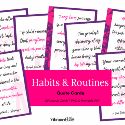 A set of Daily Routines Inspirational Quote Cards is arranged in a fan shape, featuring motivational quotes in pink, black, and white with decorative borders. The central pink box reads: “Daily Routines Inspirational Quote Cards.”.