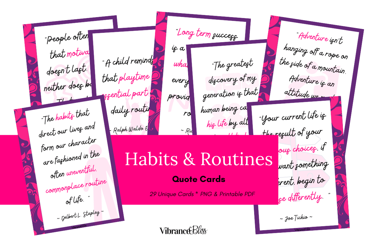 A set of Daily Routines Inspirational Quote Cards is arranged in a fan shape, featuring motivational quotes in pink, black, and white with decorative borders. The central pink box reads: “Daily Routines Inspirational Quote Cards.”.