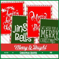 Christmas Art Prints set of four features festive quotes—Have a holly jolly Christmas, Merry & Bright, Jingle Bells, and We wish you a Merry Christmas—in white decorative fonts on red and green backgrounds.