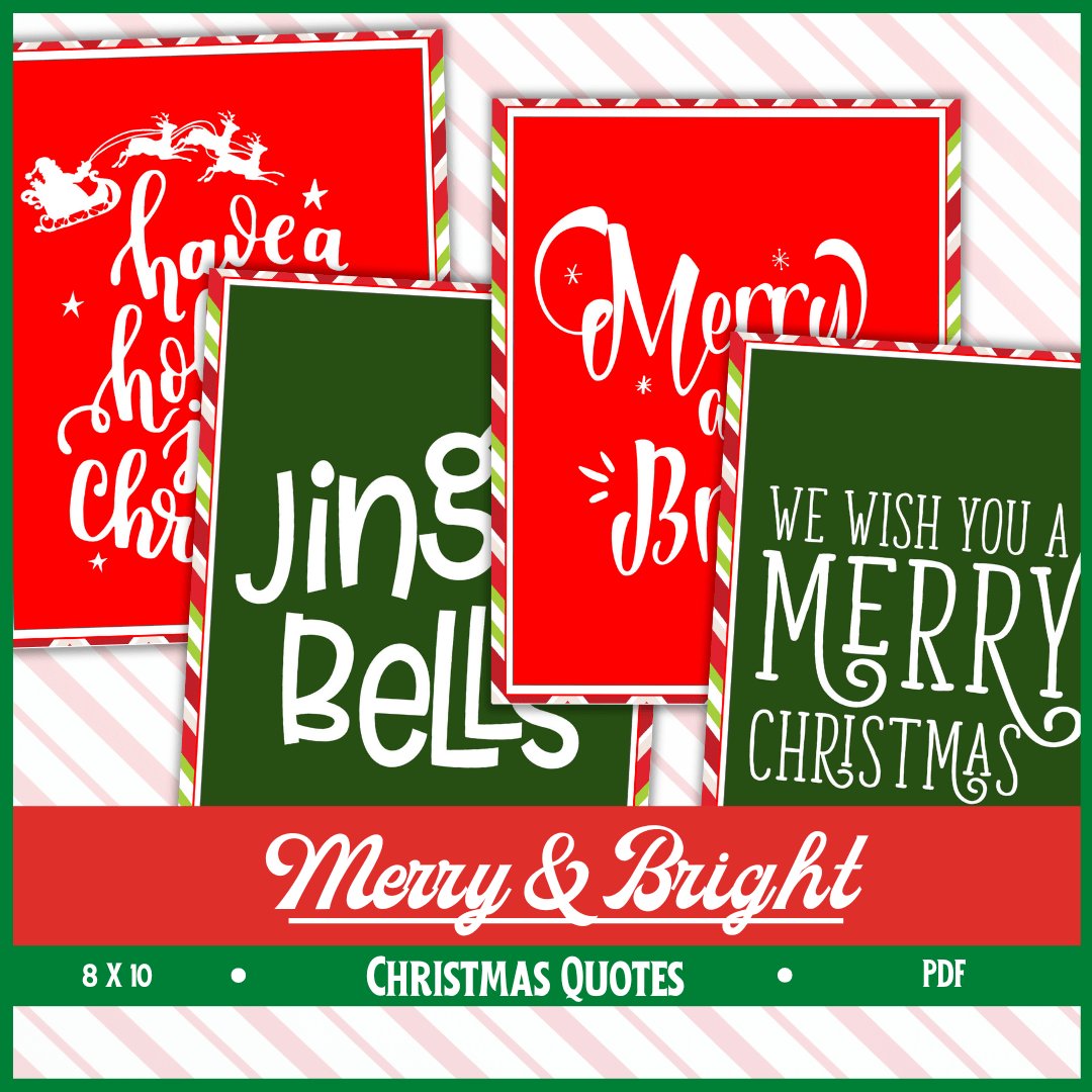 Christmas Art Prints set of four features festive quotes—Have a holly jolly Christmas, Merry & Bright, Jingle Bells, and We wish you a Merry Christmas—in white decorative fonts on red and green backgrounds.