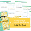 The Rainy Days & Days of Sunshine Monthly Mood Journal features a yellow floral cover with blue and yellow accents, plus preview pages for mood tracking, reflections, daily check-ins, goal setting, and notes.
