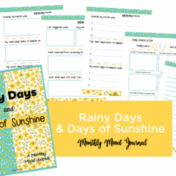 The Rainy Days & Days of Sunshine Monthly Mood Journal features a yellow floral cover with blue and yellow accents, plus preview pages for mood tracking, reflections, daily check-ins, goal setting, and notes.