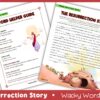 Two illustrated pages from "Resurrection Story" Wacky Word Tales: one features a Word Helper Guide with Jesus and angels, the other shows the empty tomb alongside story text.
