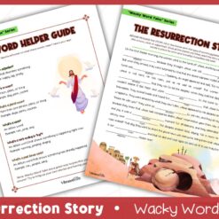 Two illustrated pages from "Resurrection Story" Wacky Word Tales: one features a Word Helper Guide with Jesus and angels, the other shows the empty tomb alongside story text.