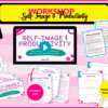A vibrant graphic for the Self-Image & Productivity Workshop featuring a video player, transcript, slides, printable lists, workbook prompts, and audio in pink, yellow, blue, and white with decorative accents.