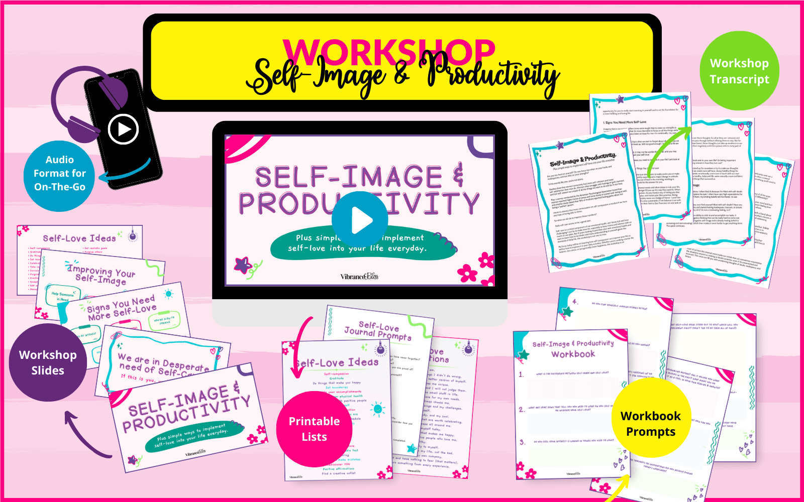 A vibrant graphic for the Self-Image & Productivity Workshop featuring a video player, transcript, slides, printable lists, workbook prompts, and audio in pink, yellow, blue, and white with decorative accents.