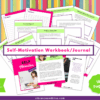 A vibrant promo for the Self-Motivation Workbook & Journal displays preview pages with worksheets and motivational content. A green badge highlights "18 Pages." This workbook is available as a downloadable PDF.