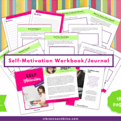 A vibrant promo for the Self-Motivation Workbook & Journal displays preview pages with worksheets and motivational content. A green badge highlights "18 Pages." This workbook is available as a downloadable PDF.