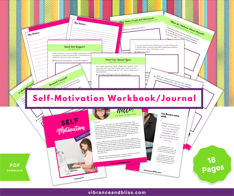 A vibrant promo for the Self-Motivation Workbook & Journal displays preview pages with worksheets and motivational content. A green badge highlights "18 Pages." This workbook is available as a downloadable PDF.