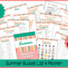 Preview the 40-page Summer Bucket List & Planner PDF, featuring checklists, planners, notes, bingo, goals, and activity sheets—all with teal, peach, and yellow accents on a white background.