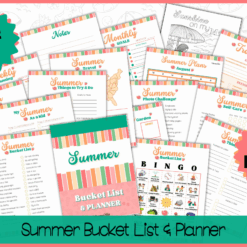Preview the 40-page Summer Bucket List & Planner PDF, featuring checklists, planners, notes, bingo, goals, and activity sheets—all with teal, peach, and yellow accents on a white background.