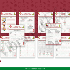 Christmas Activities & Games: Printable Christmas-themed activity sheets featuring emoji pictionary, scavenger hunt, bingo, word search, movie character list, finish the phrase, A to Z list & more on a red and white background.