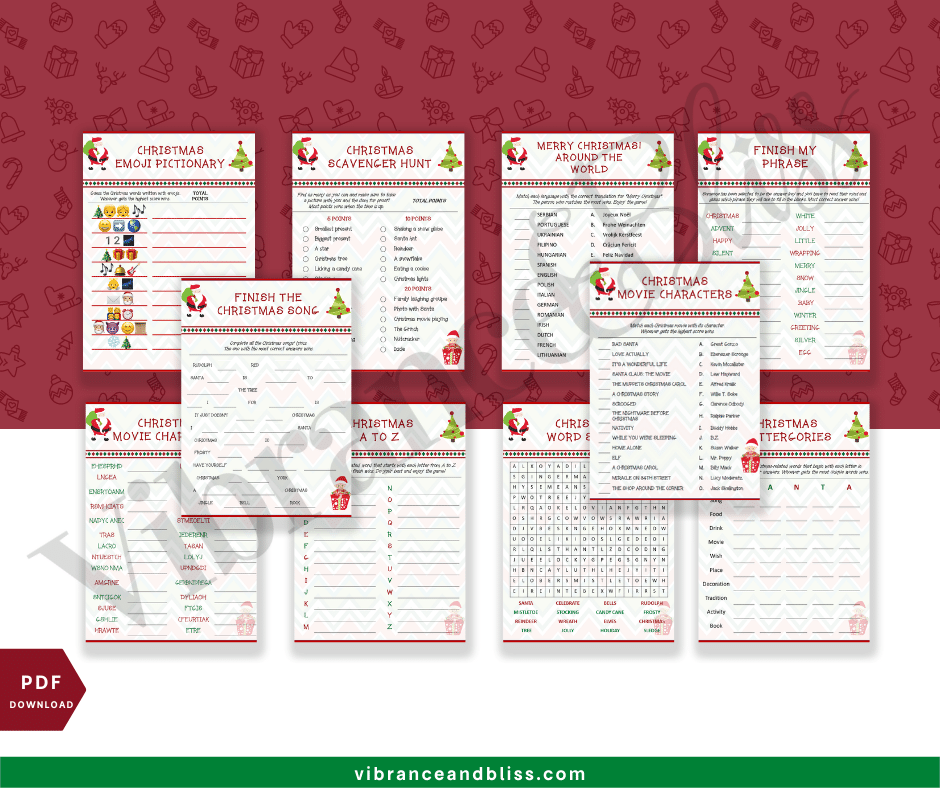 Christmas Activities & Games: Printable Christmas-themed activity sheets featuring emoji pictionary, scavenger hunt, bingo, word search, movie character list, finish the phrase, A to Z list & more on a red and white background.