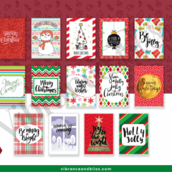 Printable Christmas Cards: Set of 15 vibrant designs with festive messages, stripes, plaid, and images like a snowman, ornaments, gifts, holly & snowflakes, arranged in three rows.