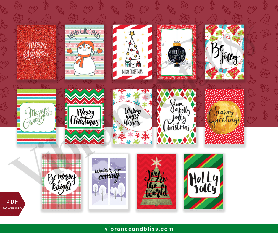 Printable Christmas Cards: Set of 15 vibrant designs with festive messages, stripes, plaid, and images like a snowman, ornaments, gifts, holly & snowflakes, arranged in three rows.