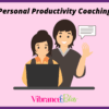 Illustration: Two people using a laptop—one sitting and working, the other standing and smiling. Text above says "On-Demand Productivity Coaching." Vibrance & Bliss logo appears at the bottom.