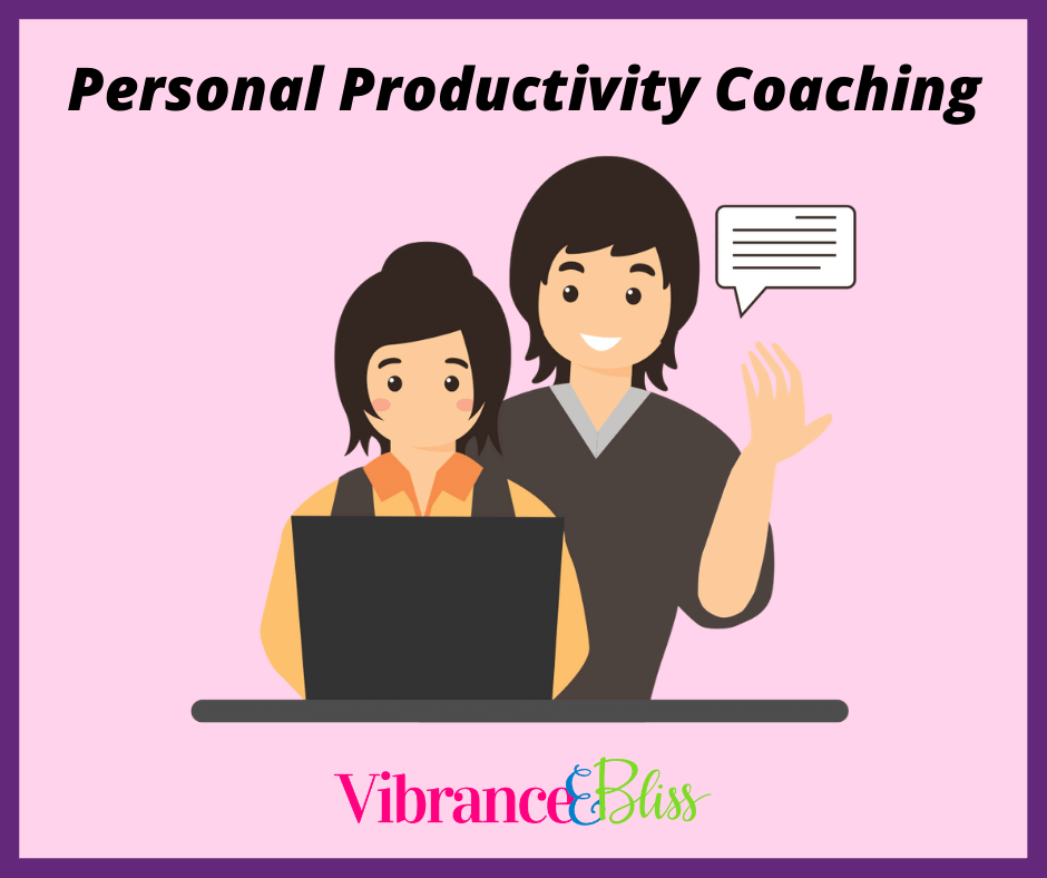 Illustration: Two people using a laptop—one sitting and working, the other standing and smiling. Text above says "On-Demand Productivity Coaching." Vibrance & Bliss logo appears at the bottom.