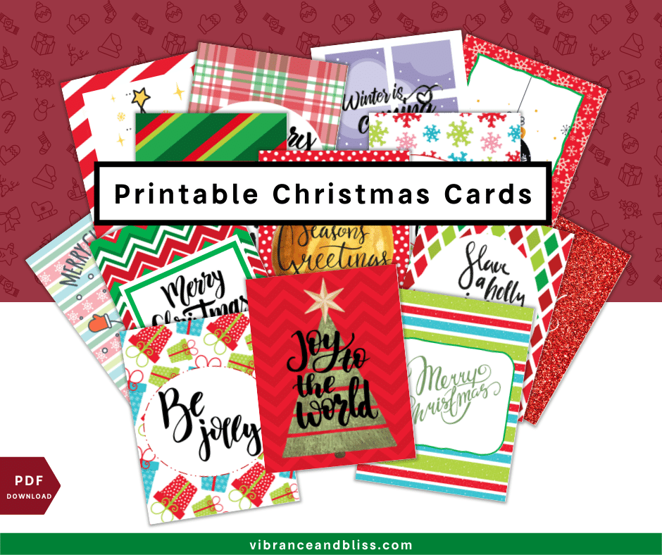 Printable Christmas Cards feature festive designs and greetings like Joy to the World and Merry Christmas. A label above the cards reads Printable Christmas Cards.