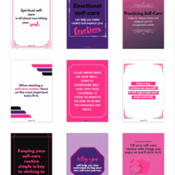 Self-Care Tips Cards: A 3x3 grid set in pink, purple, and white, each card featuring a unique motivational message to inspire self-care, encourage prioritizing wellbeing, and support healthy routines.