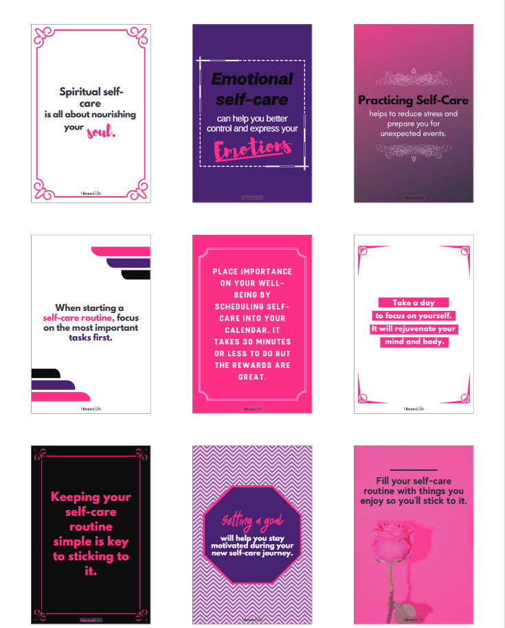 Self-Care Tips Cards: A 3x3 grid set in pink, purple, and white, each card featuring a unique motivational message to inspire self-care, encourage prioritizing wellbeing, and support healthy routines.