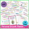 A colorful 28-page personal growth planner PDF is displayed, showing various worksheets for planning, goal-setting, and self-reflection.