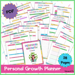 A colorful 28-page personal growth planner PDF is displayed, showing various worksheets for planning, goal-setting, and self-reflection.