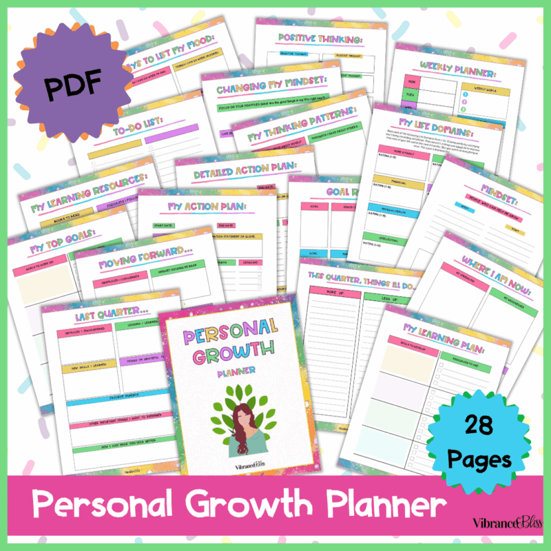 A colorful 28-page personal growth planner PDF is displayed, showing various worksheets for planning, goal-setting, and self-reflection.