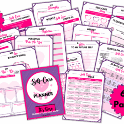 A spread of colorful pink and purple Self-Care Planner pages is shown, labeled “PDF + PNG,” “60 Pages,” featuring worksheets for check-ins, reflections, and self-care ideas.