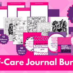 A promotional graphic for Self-Care Motivational Art Prints, featuring colorful pages, art prints, and uplifting quotes. Text highlights 71 total prints, 30 motivational pages, 12 print types, and 30 unique designs on a pink background.