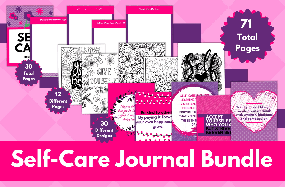 A promotional graphic for Self-Care Motivational Art Prints, featuring colorful pages, art prints, and uplifting quotes. Text highlights 71 total prints, 30 motivational pages, 12 print types, and 30 unique designs on a pink background.