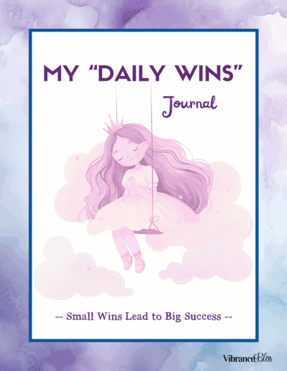 Full preview of the Daily Wins Journal, featuring a whimsical illustration of a girl in a dress and crown on a swing among clouds. Text reads, "Small Wins Lead to Big Success.