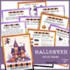 The Halloween Activity Bundle features printable Halloween-themed pages, including a word search, memory game, candy match, charades, and more with playful graphics and a haunted house illustration.