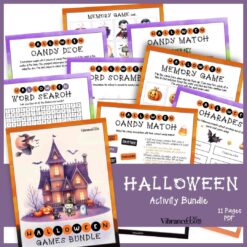 The Halloween Activity Bundle features printable Halloween-themed pages, including a word search, memory game, candy match, charades, and more with playful graphics and a haunted house illustration.