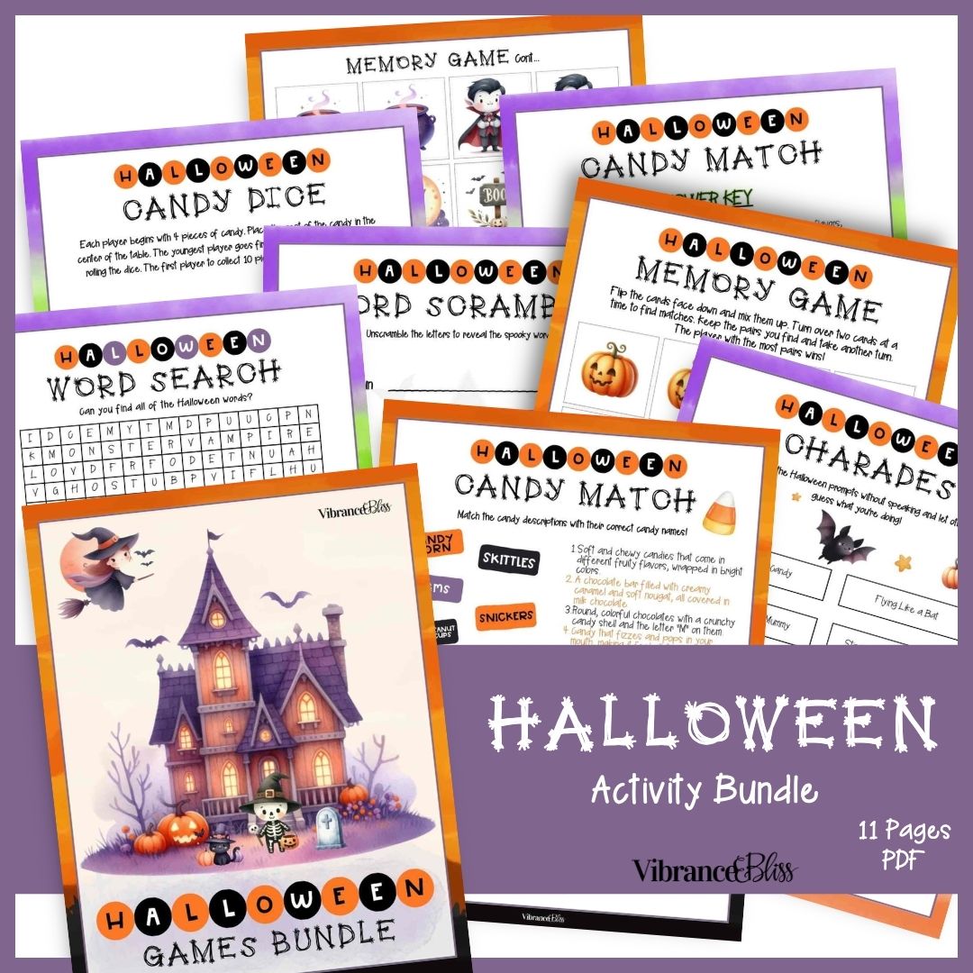 The Halloween Activity Bundle features printable Halloween-themed pages, including a word search, memory game, candy match, charades, and more with playful graphics and a haunted house illustration.