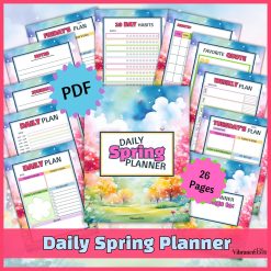 Colorful promotional image for the Daily Spring Planner PDF, featuring 26 pages with sections for habits, meals, quotes, and weekly/daily plans. The background displays a vibrant spring landscape.