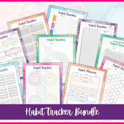 The Habit Tracker Bundle includes colorful printable planner sheets with grids, circles, hexagons, and charts in various layouts. “Habit Tracker Bundle” is printed at the bottom.