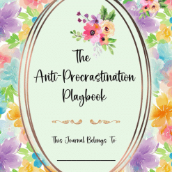 The Anti-Procrastination Playbook features an oval-framed cover with colorful watercolor flowers and a space at the bottom to write your name.