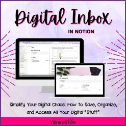 Two computer screens display Notion dashboards for Digital Inbox in Notion. The text reads: "Digital Inbox in Notion – Simplify Your Digital Chaos: Save, Organize, and Access All Your Digital Stuff." The background is purple with abstract patterns.