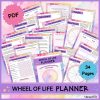 The Wheel of Life Planner is a 34-page PDF with pastel designs, stars, and organized layouts. It features sample pages for goal setting, planning, reflections, and various life categories.